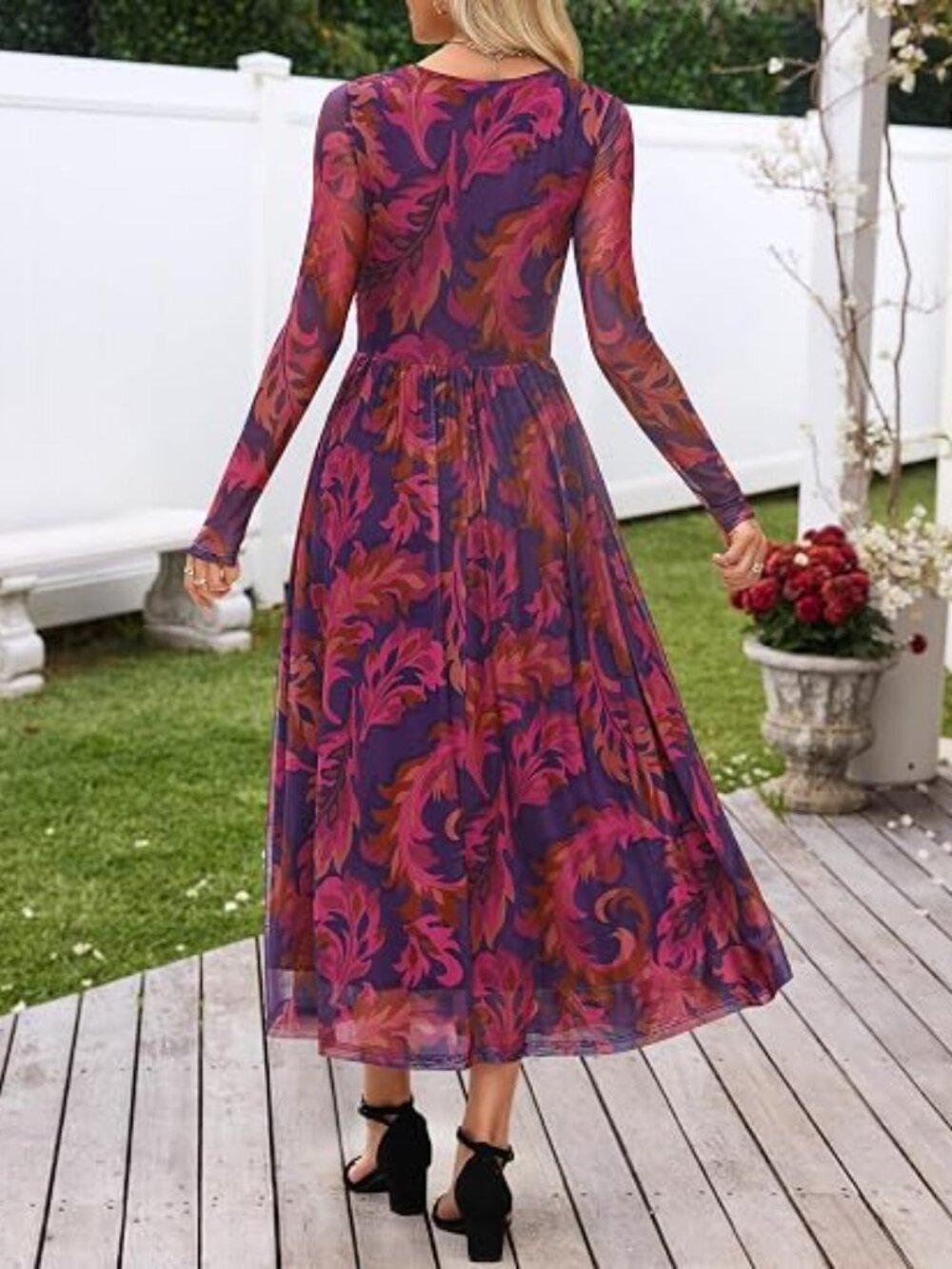 Women's Fall Wedding Guest Cocktail Long Sleeve Floral Maxi Dress - Picture 4 of 5